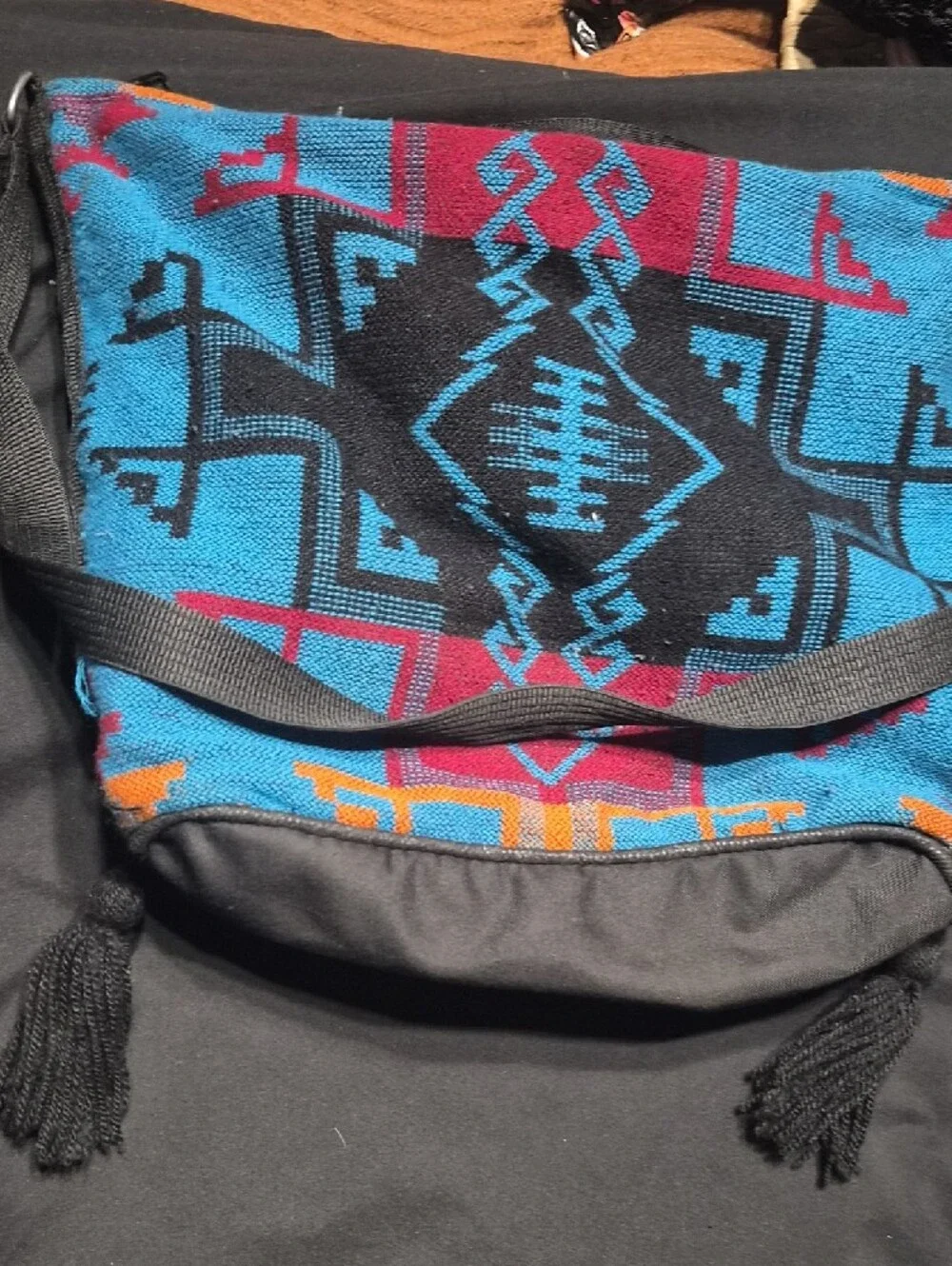 Aztec Pattern Woven Crossbody Bag in Turquoise & Black